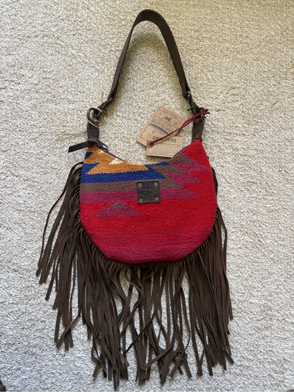 STS Crimson Sun Woven Fringe Shoulder Bag with Brown Leather Trim